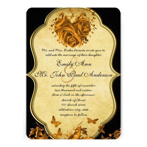 Gold Heart Roses & Butterflies Wedding Invitation