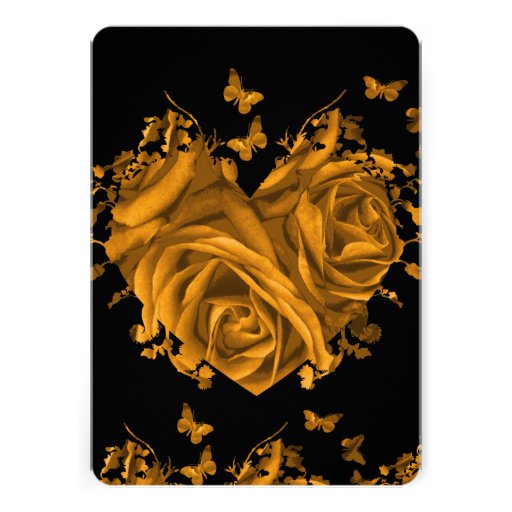 Gold Heart Roses & Butterflies Wedding Invitation