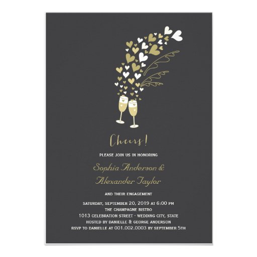 Gold Hearts Champagne Cheers Engagement Invite