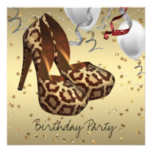 Gold High Heel Shoes Womans Leopard Birthday Party Custom Invites