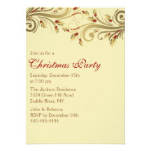 Gold Holly Flourish Christmas Party Invite