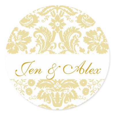 Gold Ivory Bride Groom Damask Wedding Seal Sticker