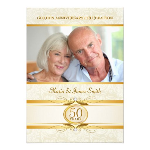 Gold & Ivory Damask 50th Anniversary Invitations (front side)