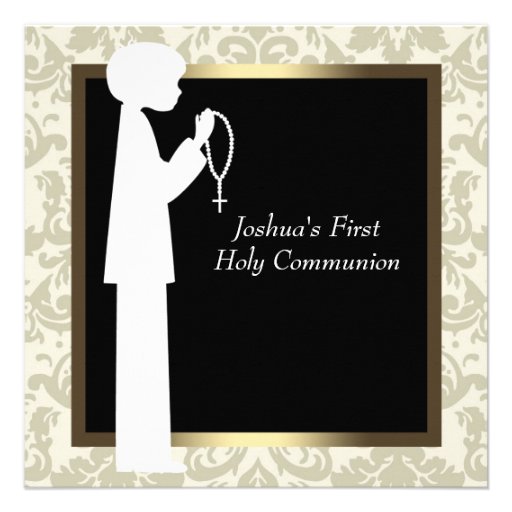 Gold Ivory Damask Rosary Boys First Communion Invite