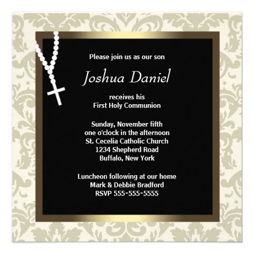 Gold Ivory Damask Rosary Boys First Communion Invite