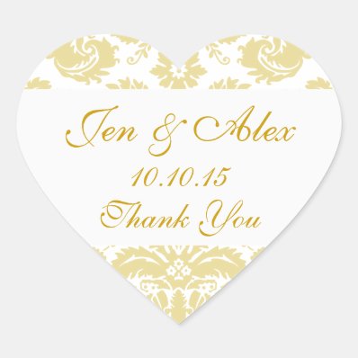 Gold Ivory Damask Wedding Favor Heart Sticker