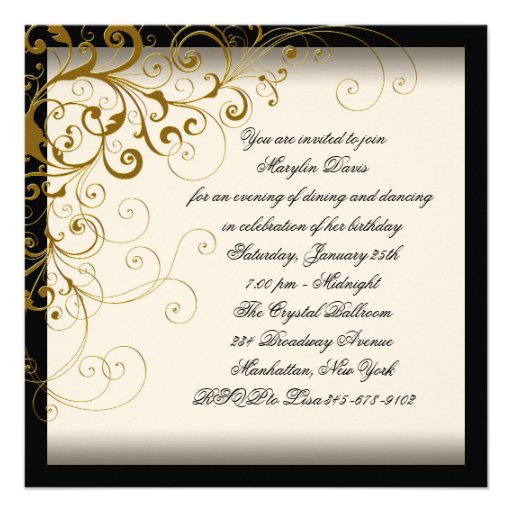 Gold Ivory Womans Elegant Black Gold Birthday Custom Invites