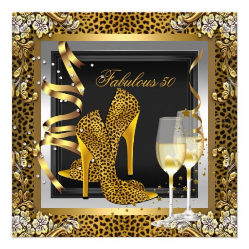 Gold Leopard Black High Heels Shoes Birthday Custom Invitations