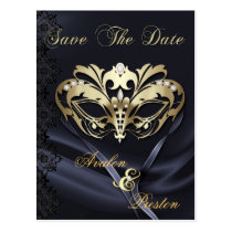 Gold Masquerade Black Jewel Save The Date Postcard postcards