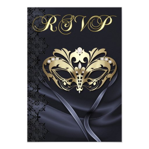 Gold Masquerade Black Jeweled RSVP Invitation