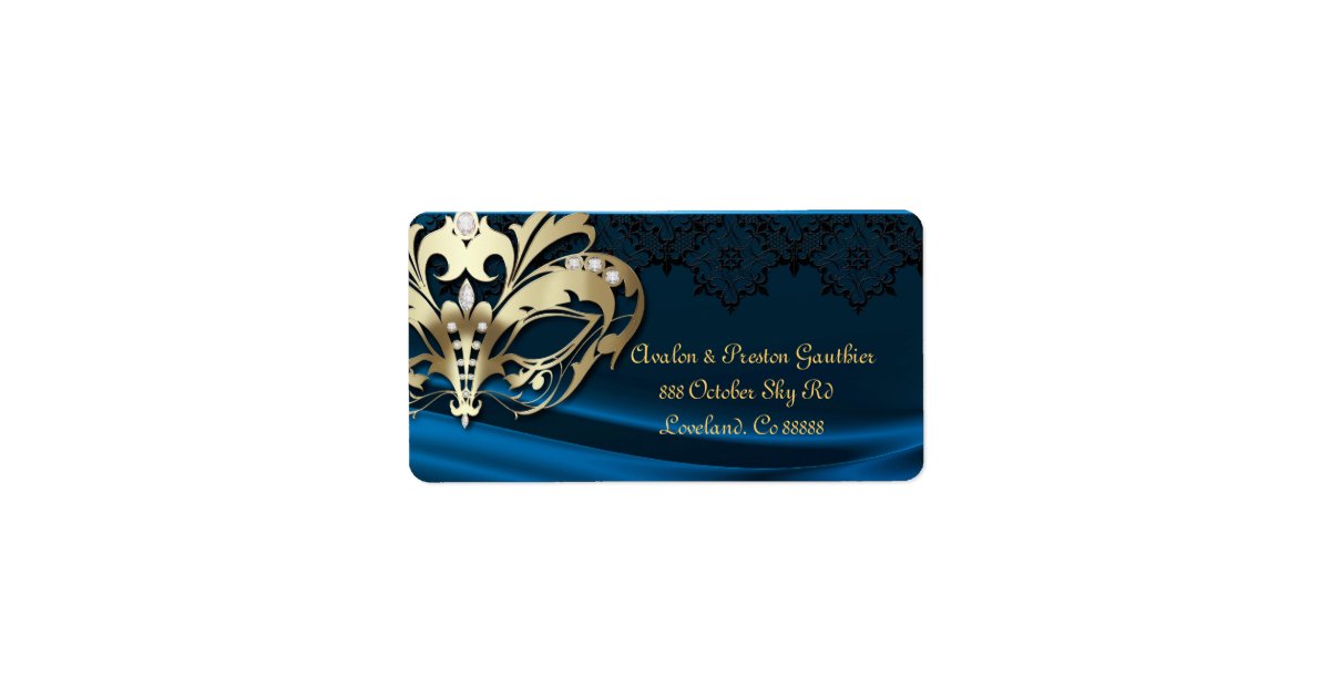 Gold Masquerade Blue Jewel Wedding Address Label Zazzle