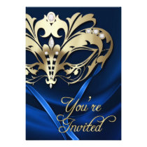 Gold Masquerade Blue Jeweled Party Invitation