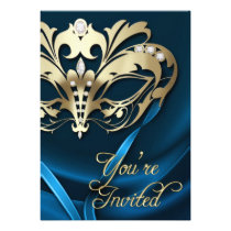Gold Masquerade Blue Jeweled Party Invitation