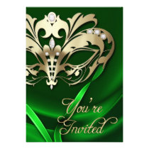 Gold Masquerade Green Jeweled Party Invitation
