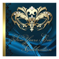 Gold Masquerade Mask Blue New Years Invitation