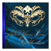 Gold Masquerade Mask Blue New Years Invitation