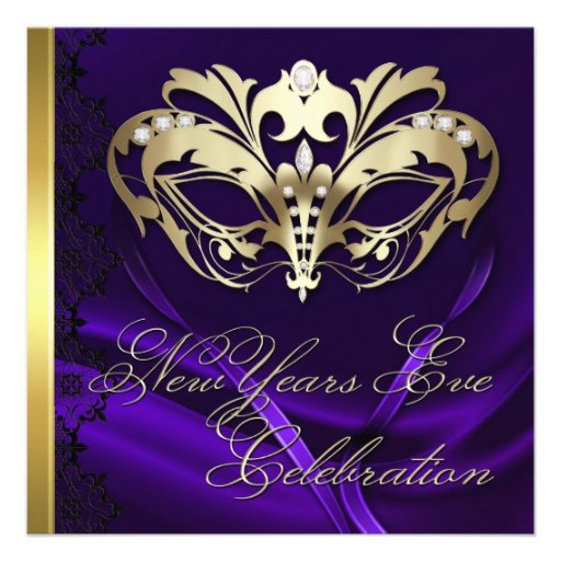 Gold Masquerade Mask Purple New Years Invitation (front side)
