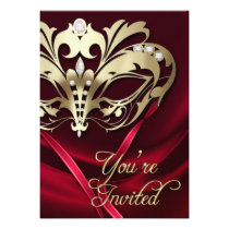 Gold Masquerade Red Jeweled Party Invitation