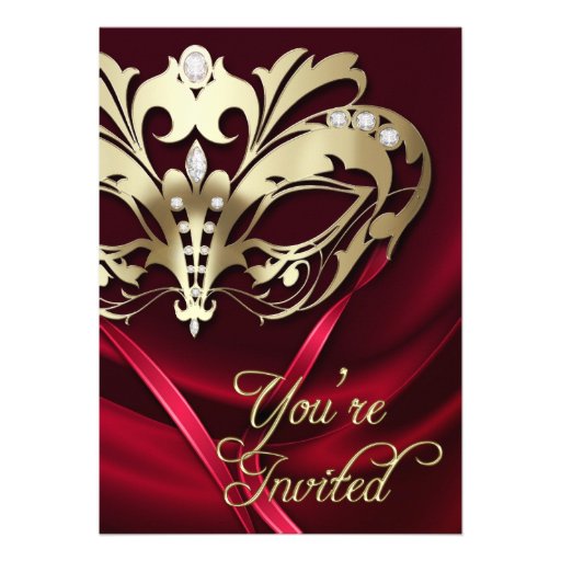 Gold Masquerade Red Jeweled Party Invitation