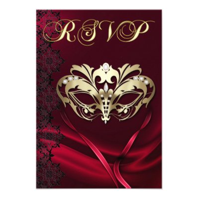 Gold Masquerade Red Jeweled RSVP Invitation