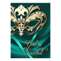 Gold Masquerade Teal Jeweled Party Invitation