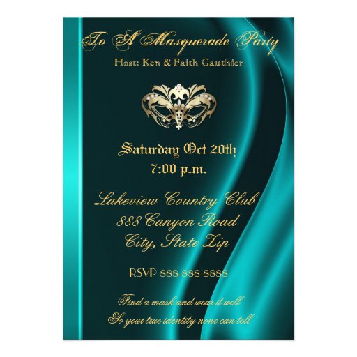Gold Masquerade Teal Jeweled Party Invitation