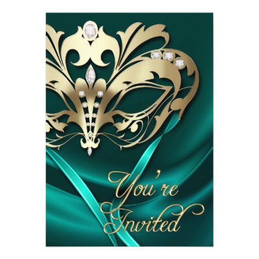 Gold Masquerade Teal Jeweled Party Invitation