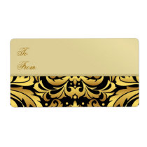 Gold Metal Black Damask Christmas Gift Tag Label