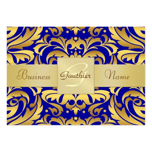 Gold Metal Blue Damask Pattern Business Card (front side)