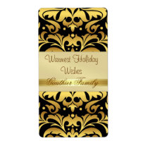 Gold Metal Damask Black Holiday Wine Label