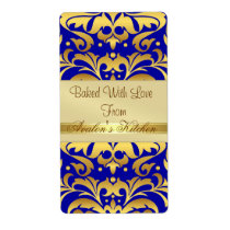 Gold Metal Damask Blue Holiday Baking Label