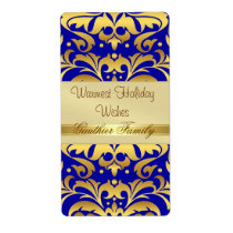 Gold Metal Damask BLue Holiday Wine Label