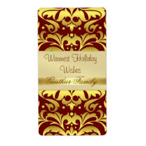 Gold Metal Damask Red Holiday Wine Label