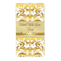 Gold Metal Damask White Holiday Baking Label