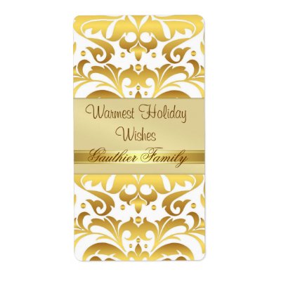 Gold Metal Damask White Holiday Wine Label (5-pack)