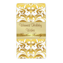 Gold Metal Damask White Holiday Wine Label