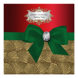 Gold Metallic Swirls, Bow Ribbon Xmas Party Personalized Announcements