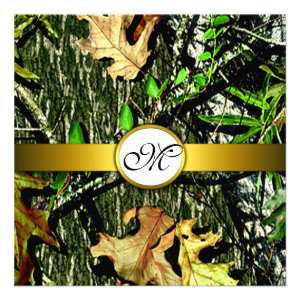 Gold Monogram Hunting Camo Wedding Invitations