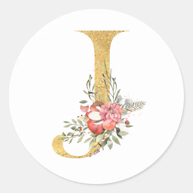 Gold MONOGRAM Letter J With Flowers Classic Round Sticker Zazzle