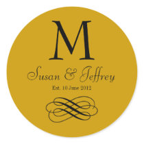 Gold Monogram Logo Names Date Wedding Label Round Stickers