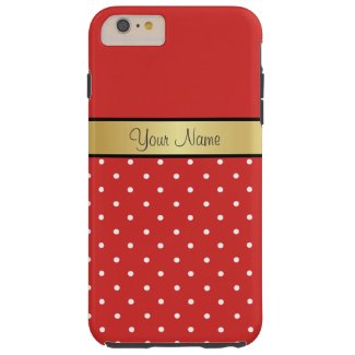 Gold Monogram On Chic Tomato Red, White Polka Dots Tough iPhone 6 Plus Case