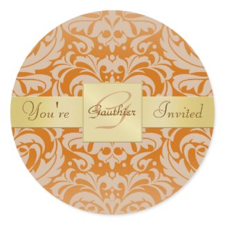 Gold Monogram Orange Damask Invitation Sticker sticker