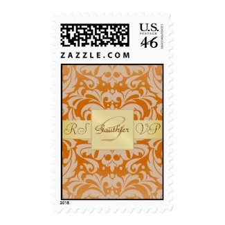 Gold Monogram Orange Damask RSVP Postage stamp