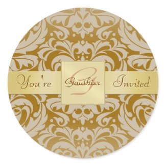Gold Monogram Tan Damask Invitation Sticker sticker