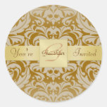 Gold Monogram Tan Damask Invitation Sticker