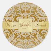 Gold Monogram Tan Damask Invitation Sticker