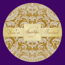 Gold Monogram Tan Damask Invitation Sticker stickers