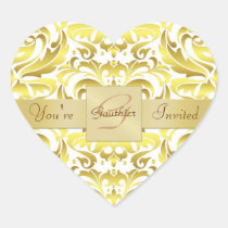 Gold Monogram White Damask Heart Sticker
