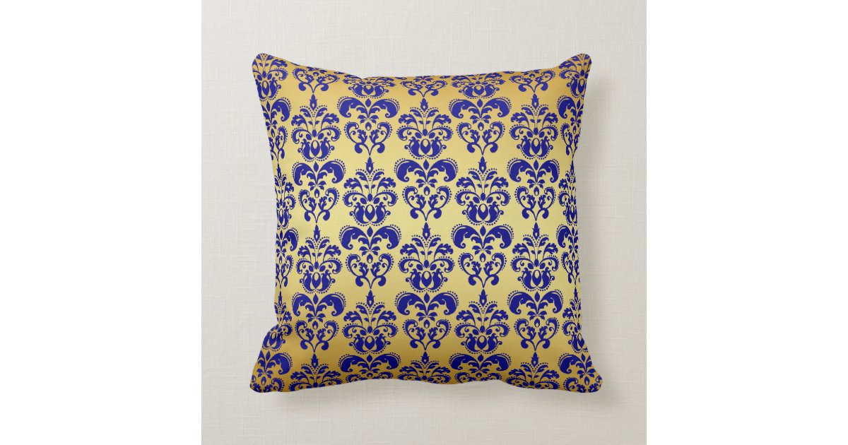 Gold, Navy Blue Damask Pattern 2 Throw Pillow Zazzle