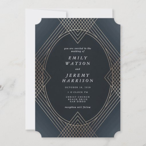 Gold Navy Oval Geometric Art Deco Gatsby Wedding Invitation Zazzle